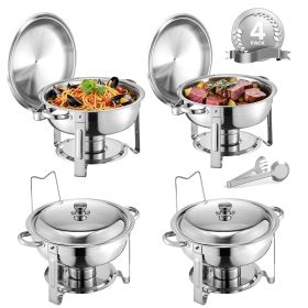 Chafing Dish Buffet Set, 5 Qt 4 Pack, Stainless Steel Chafer with 4 Full Size Pans, Round Catering Warmer Server with Lid Water Pan Folding Stand (Set: 4 Pcs, Style: Silvery)